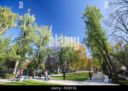 Menschen, die ein Spaziergang entlang der Avenida de Mexico ich Buen Retiro Park, eines der wichtigsten Sehenswürdigkeiten von Madrid, Spanien. Stockfoto