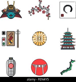 Vektor-Gliederung Japan Thema Ikonen weißer Hintergrundfarbe Stock Vektor