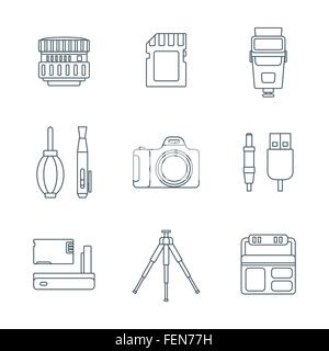 Vektor-grau beschreiben verschiedene digitale Fotografie Ausrüstung Symbole weißen Hintergrund Stock Vektor