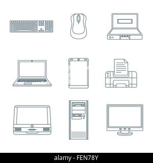 Vektor-dunklen grauen Umriss, die verschiedenen Computer Gadgets Office Geräte Symbole gesetzt Stock Vektor