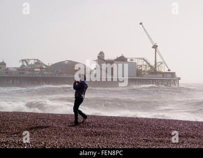 Brighton, UK. 8. Februar 2016. Mit Böen bis zu 60 km/h, Sturm Imogen traf Brighton und Hove auf der Südküste von England. Wind und hohe Wellen lockte Menschen an der Küste, die Elemente zu erleben. Bildnachweis: Scott Hortop/Alamy Live-Nachrichten Stockfoto