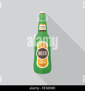 Vektor-farbige flache Design grüne Bierflasche mit Stecker Symbol mit Schatten Stock Vektor