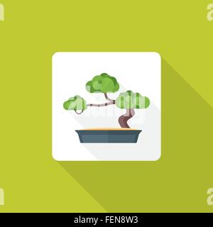 Vektor-farbige flache Bauweise, Bonsai Baum-Topf-Symbol mit Schatten Stock Vektor