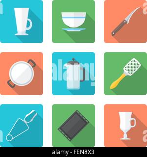 Vektor-farbigen Falt Design Geschirr Geschirr Besteck Symbole Becher, Suppenteller, Zitrus Messer, Pfanne, Teekanne, Reibe, Zangen, Ofen-tr Stock Vektor