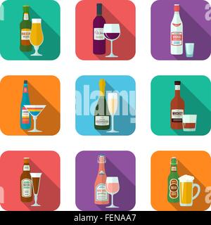 flaches Design Alkoholflaschen und Gläser mit Schatten Icons set Stock Vektor