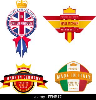 Satz von Vektor-Grafiken hergestellt in Großbritannien Deutschland Spanien Italien Abzeichen Stock Vektor