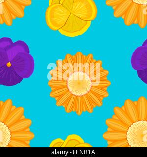 Orange Gerbera und violetten Blüten blau Musterdesign Stock Vektor
