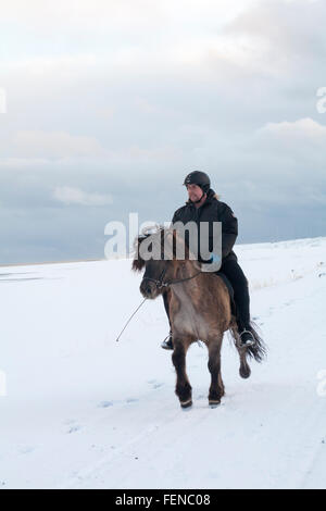 Mann Reitpferd in Südisland, Stokknes, Vestrahorn, Hofn im Januar Stockfoto