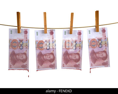 viele China Yuan Banknoten Hunging mit Blut, 3d illustration Stockfoto