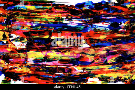 Chaotisch abstrakte Linien und Flecken der Farbe in vielen kräftigen Farben, verteilt auf weißem Papier Stockfoto