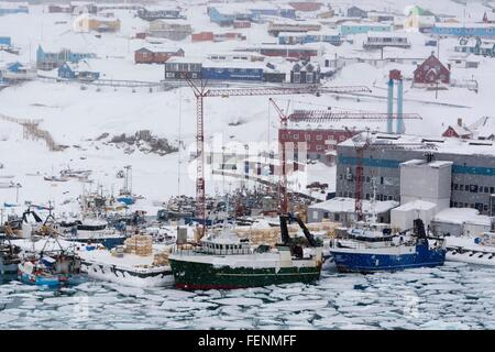 Erhöhten Blick auf Schneesturm über Hafen von Ilulissat, Grönland Stockfoto