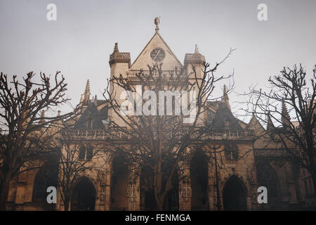 Fassaden- und Skulpturen von der Kirche von Saint-Germain Auxerrois nach Regen. Paris, Frankreich. Gotische Hintergrund Bild getönt. Stockfoto