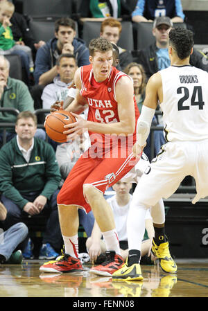 7. Februar 2016: Utah Utes vorwärts Jakob Poeltl (42) packt einen defensiven Rebound bei den NCAA Basketball-Spiel zwischen dem Oregon Ducks und die Utah Utes in Matt Knight Arena, Eugene, OR Stockfoto