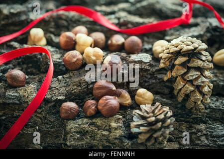 Beschnitten, Nahaufnahme Blick auf Haselnüsse und Zapfen mit rotem Band auf rauen Holzoberfläche Stockfoto
