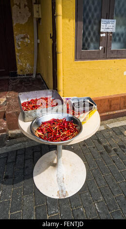 Rote Chilis und Pfeffer trocknen in der Sonne auf einer Straße in Galle, Sri Lanka Stockfoto
