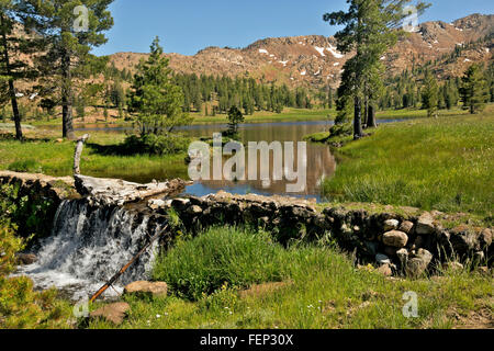 Kalifornien - East Boulder Creek übergreifen einer alten Damm am unteren Ende des Ost-Boulder-See in der Dreiheit-Alpen-Wildnis. Stockfoto