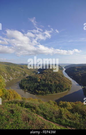 Saarschleife (Saarschleife) vom Aussichtspunkt Cloef im Herbst, Deutschland Stockfoto