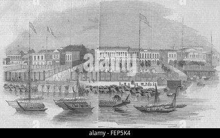 CHINA Canton Guangdong Hongs Feuer. Dänische British American E Indien Co 1844. Illustrierte London News Stockfoto