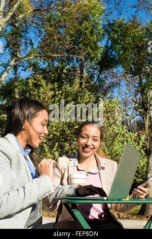 Junge Erwachsene weibliche Zwillinge Tippen auf Laptop im Stadtpark Stockfoto