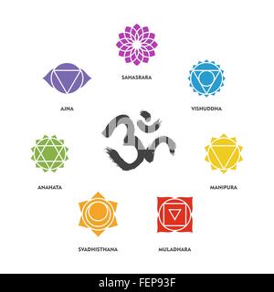 Satz von einfachen isolierten Chakra Symbole und Om handgemachte Bürste Kalligraphie. EPS10 Vektor. Stock Vektor