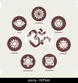 Set von einfache monochrome Chakra Icons mit Namen und Om handgemachte Kalligraphie isoliert. EPS10 Vektor. Stock Vektor