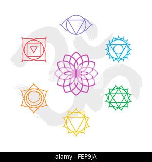 Satz von einfachen Umriss Chakra Symbole mit Om handgemachte Kalligraphie Hintergrund. EPS10 Vektor. Stock Vektor