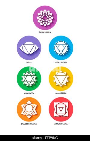 Reihe von bunten Chakra Yoga Icons in einfachen flachen Stil mit Schlagschatteneffekt isoliert. EPS10 Vektor. Stock Vektor