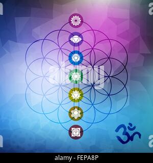 Heilige Geometrie abstrakt Design, Blume des Lebens Umriss mit Haupt-Chakra Symbole auf Gemetric low-Poly-Hintergrund. EPS10 Vektor. Stock Vektor