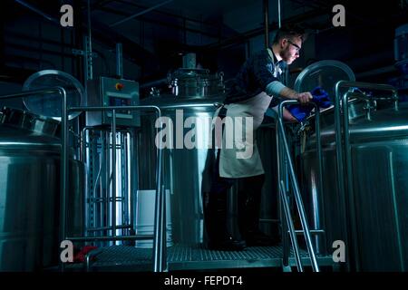 Seitenansicht des jungen Mann in der Brauerei in Gärbehälter suchen Stockfoto