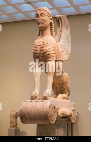 Delphi, Phokis, Griechenland.  Delphi archäologisches Museum.  Sphinx aus der Spalte "Naxos" aus der Zeit um 570-560 v. Chr.. Stockfoto