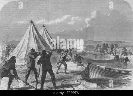 TIERRA DEL FUEGO HMS Nassau Vermessung Partei angegriffen von den Eingeborenen 1867. Illustrierte London News Stockfoto