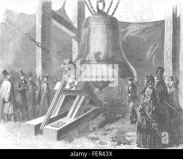 BIG BEN-Experiment Hammer auf große Glocke Westminster Uhr. London 1856. Illustrierte London News Stockfoto