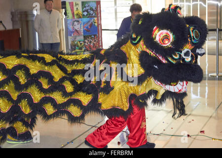 Phoenix, Arizona, USA. 8. Februar 2016. Gekleidet in ein Drachenkostüm Tänzer für die Gäste im Rathaus der Stadt Phoenix. Der Tanz auf die kommenden Ereignisse des chinesischen Woche Glück bringen soll. Bildnachweis: Jennifer Mack/Alamy Live-Nachrichten Stockfoto