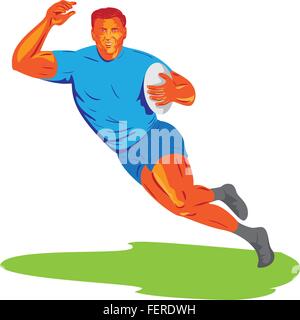 WPA-Stil Illustration ein Rugby-Spieler mit Ball läuft betrachtet von vorne am isolierten weißen Hintergrund. Stock Vektor