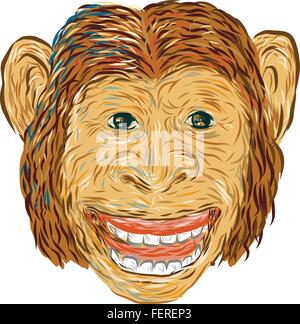 Zeichnung Skizze Stil Illustration Schimpansen Kopf lächelnd vor der vorderen Reihe auf isolierten weißen Hintergrund im retro-Stil gemacht. Stock Vektor