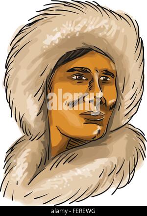 Aquarell-Stil Darstellung einer männlichen Eskimo Inuit-Büste am isolierten weißen Hintergrund mit Kapuze einfach Fell Parka tragen. Stock Vektor