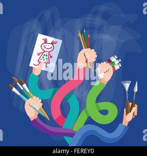 Gruppe Hände halten Malerei Pinsel Farbe Farbe Kunst Stock Vektor