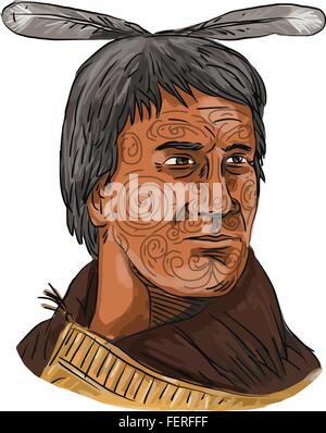 Aquarell-Stil Darstellung der Büste von Häuptling Chef Maori Krieger mit Tattoos auf Gesicht und Kap auf isolierten weißen Hintergrund. Stock Vektor
