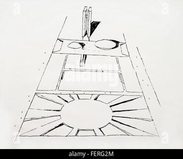 Dieses unbenannte Werk von Oscar Niemeyer, das mit Tinte auf Papier erstellt wurde, spiegelt den modernistischen Stil des brasilianischen Architekten wider, wobei der Schwerpunkt auf abstraktem Design und geometrischer Form liegt. Stockfoto