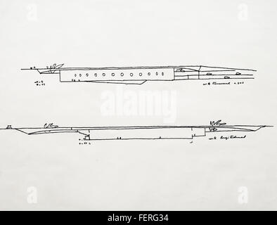 Ein Werk des brasilianischen Architekten und Künstlers Oscar Niemeyer ohne Titel aus dem Jahr 1972, in Tinte auf Papier ausgeführt. Die Zeichnung mit den Abmessungen 50 cm x 60 cm zeigt seinen minimalistischen und fließenden Designstil. Stockfoto