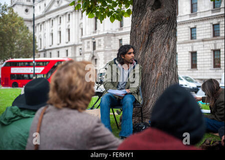 Aktivist, Vortrag bei Occupy Parliament Square, London Stockfoto