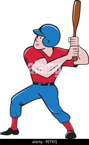 Illustration einer amerikanischen Baseball Spieler Teig Hitter hält die Fledermaus mit der Wimper angesehen von der Seite auf isolierten weißen Hintergrund getan im Cartoon-Stil festgelegt. Stock Vektor