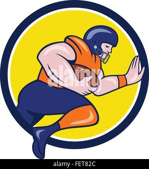 Illustration einer american-Football Rost Spieler Runningback laden mit Kugel, in der Seitenansicht auf isolierte Hintergrund getan im Cartoon-Stil in Kreis gesetzt. Stock Vektor