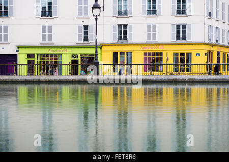 Bunte Häuser, Canal Saint-Martin, Paris, Ile de France, Frankreich Stockfoto