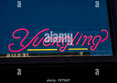 Yuengling Beer Leuchtreklame in einem Fenster.  Pittsburgh, PA Stockfoto