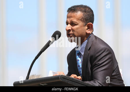 Danny Nalliah, Daniel Nalliah, Rise Up Australien Party spricht bei der PEGIDA Rallye in Canberra, Australien. Stockfoto