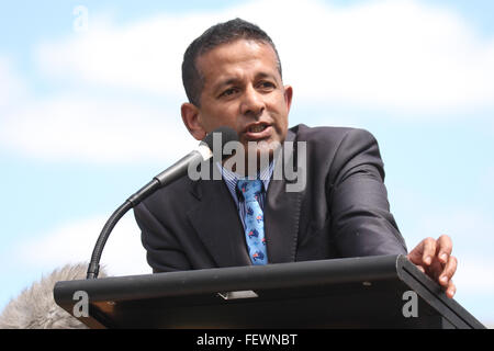 Danny Nalliah, Daniel Nalliah, Rise Up Australien Party spricht bei der PEGIDA Rallye in Canberra, Australien. Stockfoto