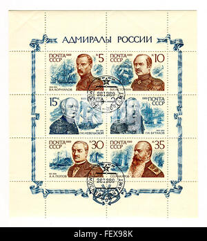Eine Briefmarke gedruckt in der UdSSR zeigt Bild von den russischen Admiralen, circa 1989. Stockfoto