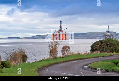 NORTH SEA OIL RIG STENA SPEY REPARIERT IM CROMARTY FIRTH VERANKERT VOR INVERGORDON SCHOTTLAND Stockfoto