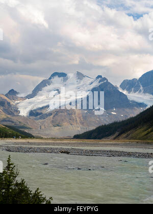 Blick auf das Schneefeld südlich des Athabasca befindet mit dem Sunwapta River in den Vordergrund, entlang Icefields Parkway. Stockfoto